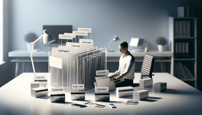 Clearing Up Debt Consolidation Confusion: A Clear Guide | DCL A person in the UK consolidates scattered loan papers and credit cards into a single folder in an organized office.