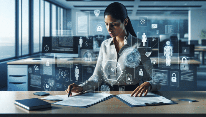 A person organizing documents and digital files on a desk, focused on security clearance preparation.