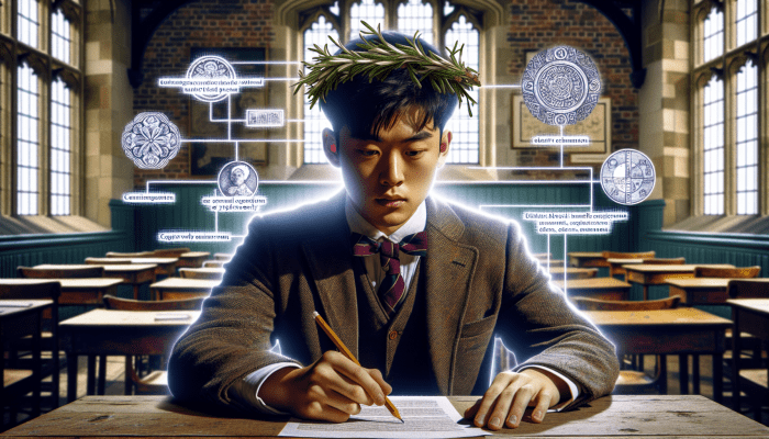 Herbs to Boost Mental Clarity: A student with rosemary during an exam in a UK classroom, surrounded by folklore symbols, focused.