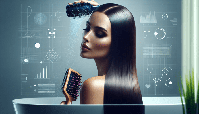 Selecting the Ideal Hairbrush: A woman using a paddle brush on straight hair in a chic bathroom, enhancing shine and smoothness.