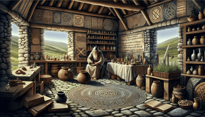 How Science Validates Herbalism: 10th-century Anglo-Saxon apothecary using local herbs and ancient texts like Bald's Leechbook in a rustic British setting.