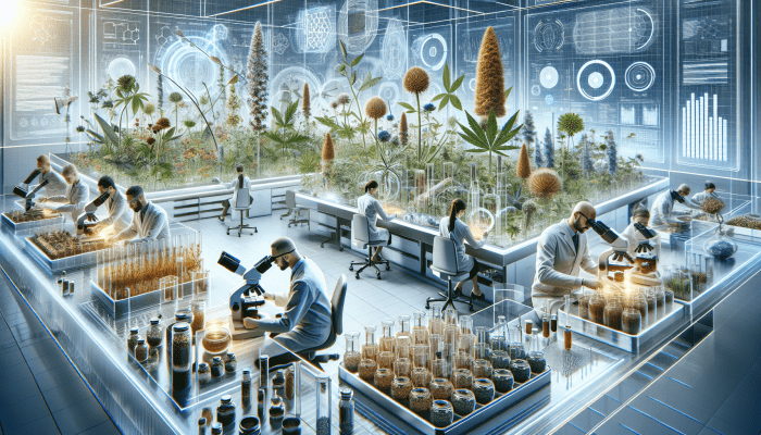 Scientists and herbalists at University of Exeter collaborating over microscopes and plants, integrating traditional and modern methods.