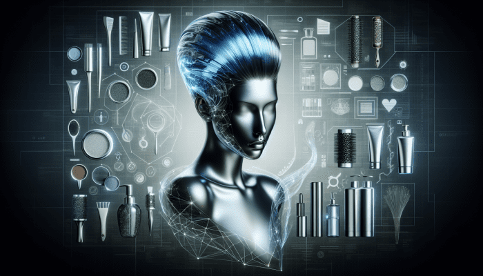 A woman with sleek, luminous glass hair, styled sophisticatedly, with high-end hair care products in the background.