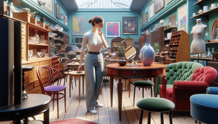 Budget Furniture Tips for House Clearance: A person browsing a colourful UK charity shop with eclectic vintage and modern furniture at low prices.