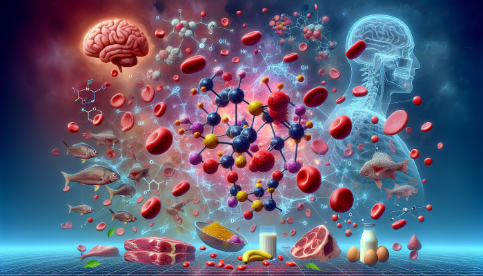 Illustration of Vitamin B12 molecules related to brain, nervous system, red blood cells, and UK dietary sources, focusing on Ilkeston's nutritional habits.