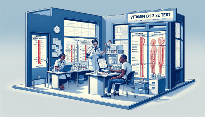 Illustration of stages involved in Vitamin B12 testing at an Ilkeston clinic, highlighting deficiency effects from anaemia to neurological damage.
