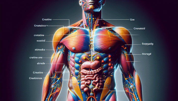 Creatine for Rugby Players: Detailed anatomical diagram showing creatine synthesis, storage, and utilization in the human body.