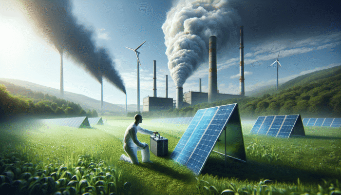 Portable Solar Panels: A person installing solar panels in a green field, contrasting a distant smoky fossil fuel plant.