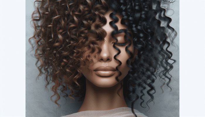 A close-up portrait showing mixed texture hair with waves, coils, and straight strands.