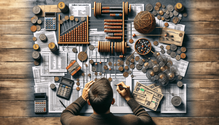 How Much Debt Do You Need to Consolidate: A UK Guide | DCL An individual compiling a detailed list of debts on a cluttered desk with financial documents and a calculator.