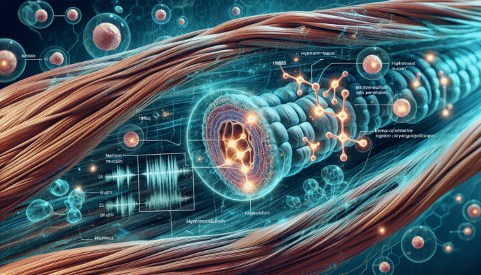 Close-up of muscle fibres with micro-tears being repaired by glowing HMB molecules, enhancing protein synthesis.