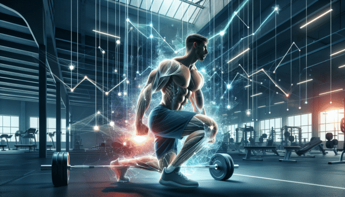 Athlete lifting weights in gym, muscles growing, surrounded by charts showing HMB's impact on muscle performance.