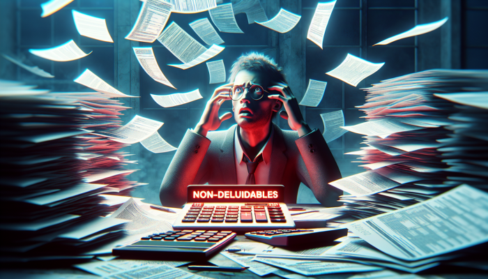 Are Debt Consolidation Fees Tax-Deductible: A Guide | DCL An individual appearing perplexed among scattered documents and calculators, with a tax form highlighting non-deductible fees in red.