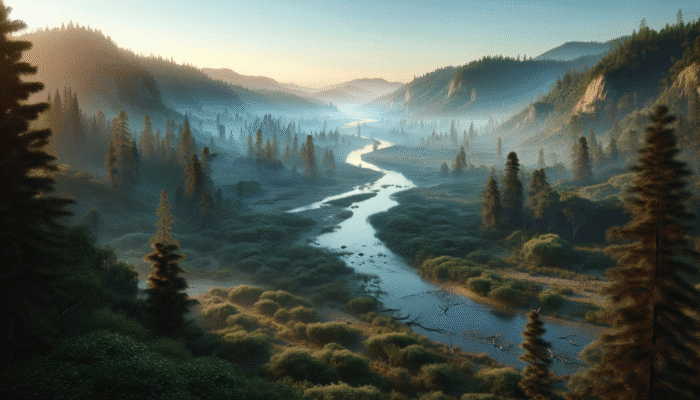 Remote wilderness at dawn, ideal for trapping with natural barriers and minimal human presence.